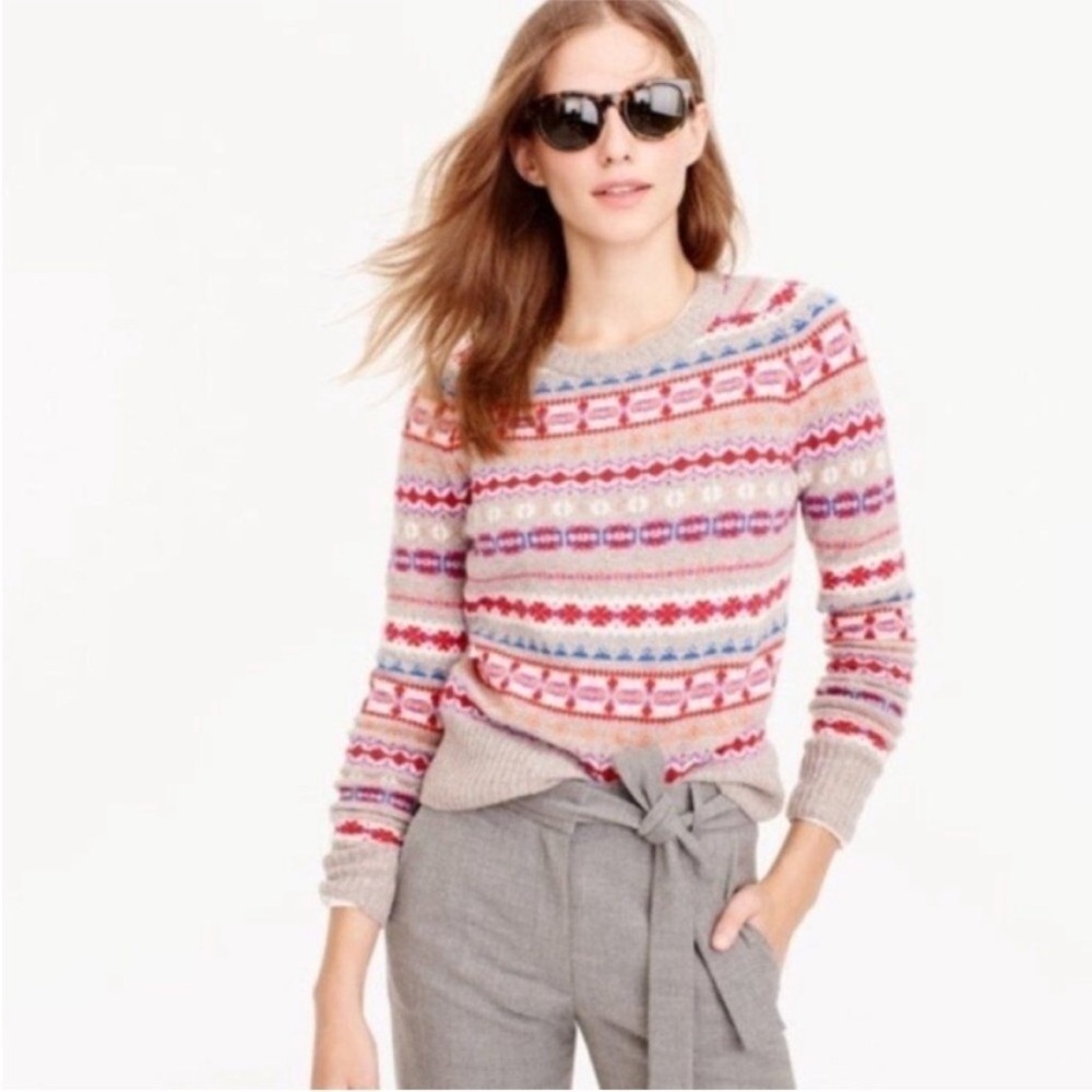 J Crew Womens Holly Fair Isle Wool Sweater Crewneck Grey Red White Sz S